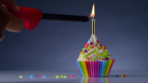 Birthday Cupcake Rainbow Cup Liners Burning Candle Light Cake Happy — Stock Video