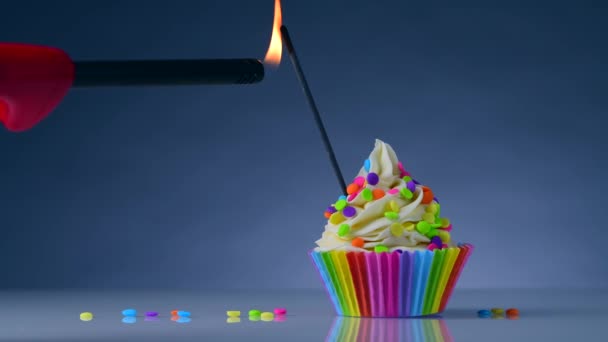 誕生日カップケーキ レインボーカップライナー スパークリングや花火ケーキの中で燃える 誕生日おめでとうゲイレズビアン Lgbtの誇り おいしいベーキングカップケーキや白クリームアイシングと色のスプリンクルとマフィン — ストック動画