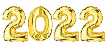 Yeni yıl 2022 kutlaması. Helyum balonu. Altın sarısı folyo rengi. 2 Numara ve 0 Numara. Parti için iyi, tebrik kartı, reklamcılık, yıldönümü. Yüksek çözünürlüklü. İzole edilmiş beyaz arkaplan.