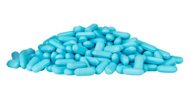 Haplar, haplar, ilaçlar, vitaminler. Eczane, hastane, doktor ofisi, hastalık, hastalık, hasta insanlar için ilaç konsepti. Mavi haplardan bir doz. Doktor reçetesi Beyaz izole arkaplan. 