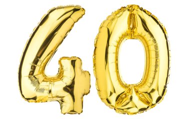 Kırk kırk numara balon. Helyum balonu. 40 yıldır. Altın sarısı folyo rengi. Doğum günü partisi, tebrik kartı, indirim, reklam, yıldönümü. Yüksek çözünürlüklü. Beyaz arkaplanda izole.