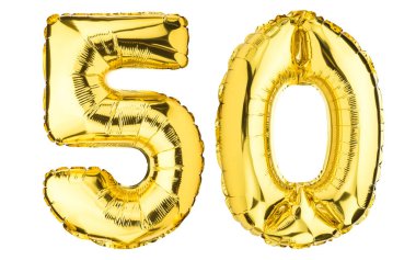 Elli elli balon. Helyum balonu. 50 yıl. Altın sarısı folyo rengi. Doğum günü partisi, tebrik kartı, indirim, reklam, yıldönümü. Yüksek çözünürlüklü. Beyaz arkaplanda izole.