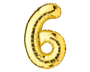 Altı Numara 6 balon. Helyum balonu. 66 yıl. Altın sarısı folyo rengi. Doğum günü partisi, tebrik kartı, indirim, reklam, yıldönümü. Yüksek çözünürlüklü. Beyaz arkaplanda izole.