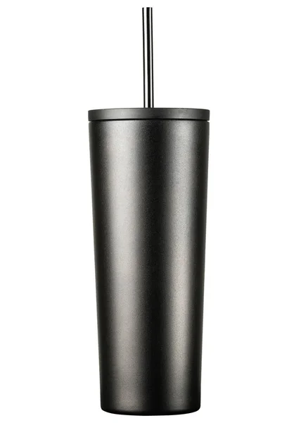 可重复使用的水瓶 旅行杯喝酒 简单现代经典的带吸管和翻盖的绝缘滚筒 不锈钢瓶 冰镇咖啡的黑杯子孤立的白色背景 — 图库照片
