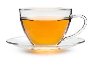 Tea. Cup of classic black tea. Clear glass Teacup and saucer. Good Morning. For Breakfast flower or herb hot tea. Mug with aromatic drink. Macro High resolution photo. White isolated background. 