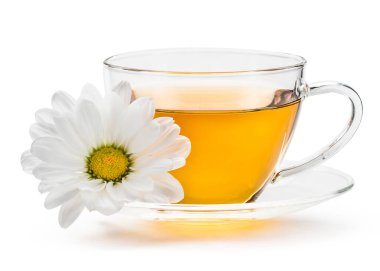 Tea. Cup of herb tea. Clear glass Teacup and saucer with Chamomile or Daisy flowers. Good Morning. For Breakfast flower hot tea. Mug with aromatic drink. White plant leaf. White isolated background. 