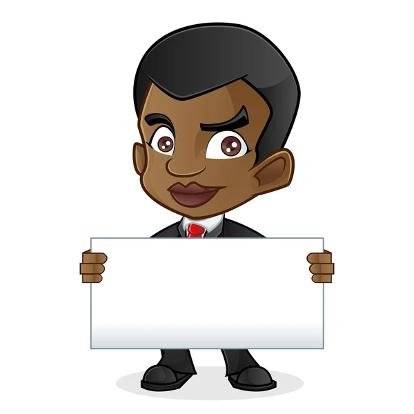 Hombre de negocios negro sosteniendo signo en blanco — Vector de stock
