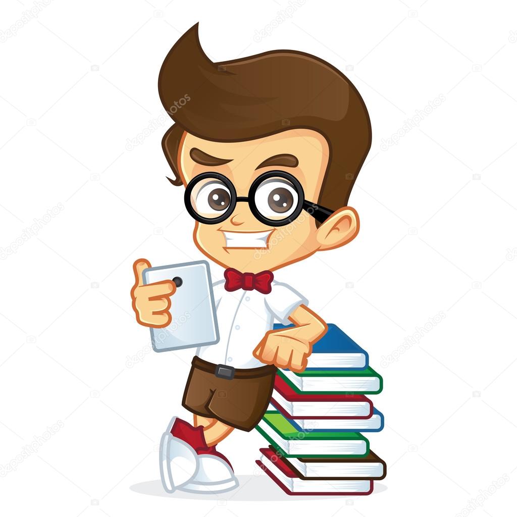 Nerd Geek leaning on books holding a pad