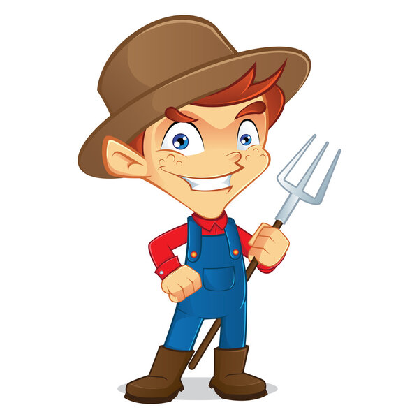 Farmer holding pitchfork and smiling