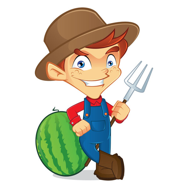 Farmer leaning on watermelon holding pitchfork 