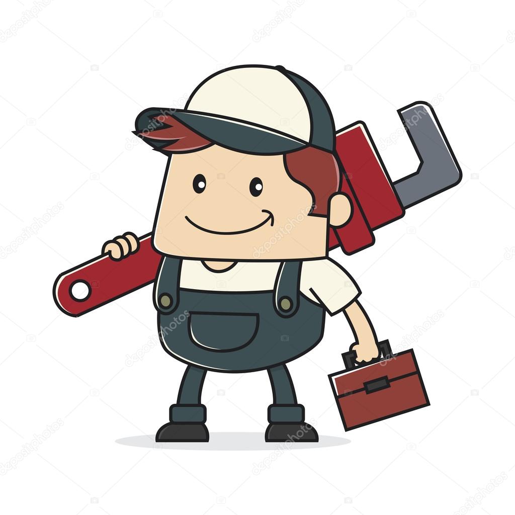 Plumber carrying adjustable wrench and toolbox
