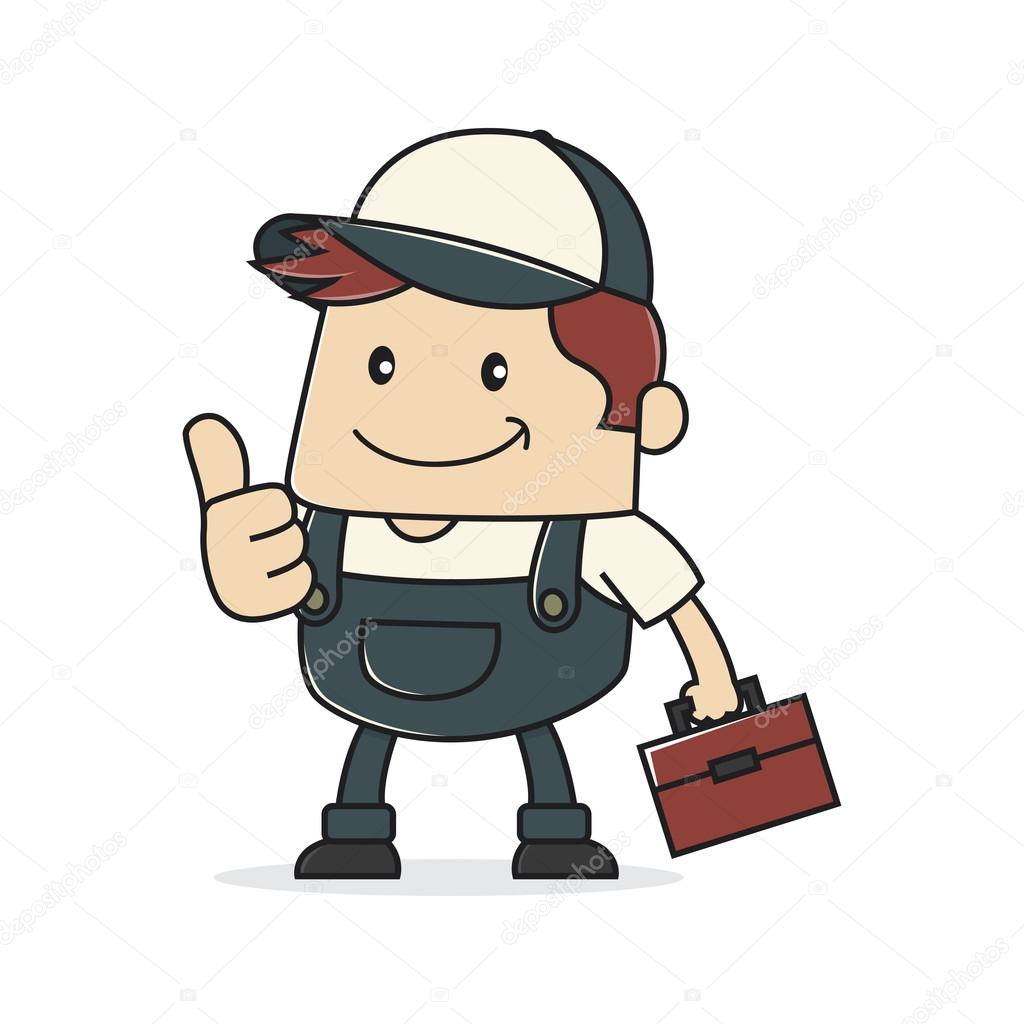 Plumber carrying toolbox giving thumb up