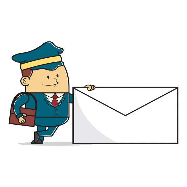 Mailman leaning on big mail — Stock Vector