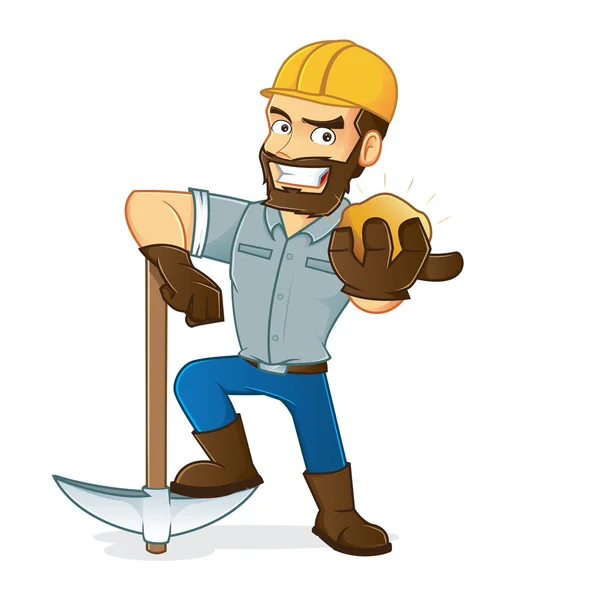 Miner holding gold leaning on pickax — Stock Vector