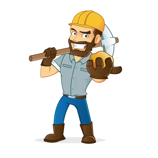 Miner holding gold and carrying pickax — Stock Vector