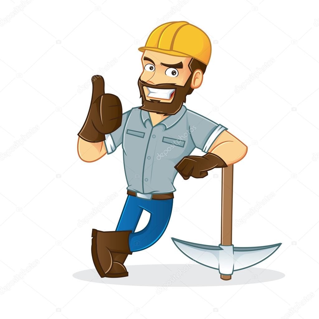 Miner leaning on pickax giving thumb up