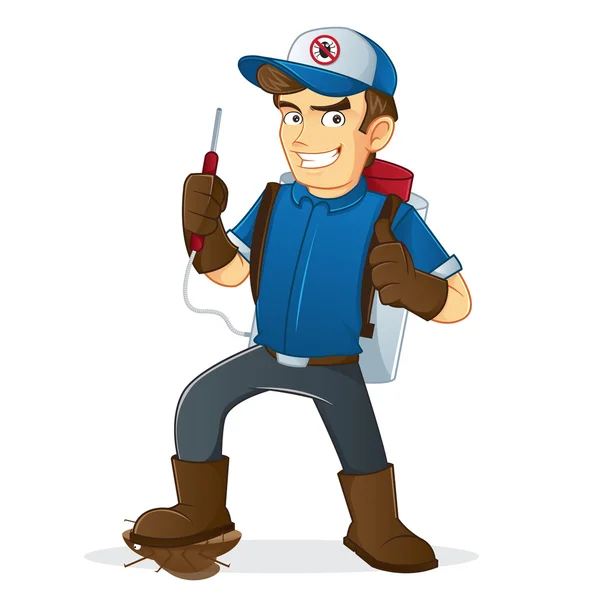 Exterminator holding a pest sprayer and killing a bug — Stockvector