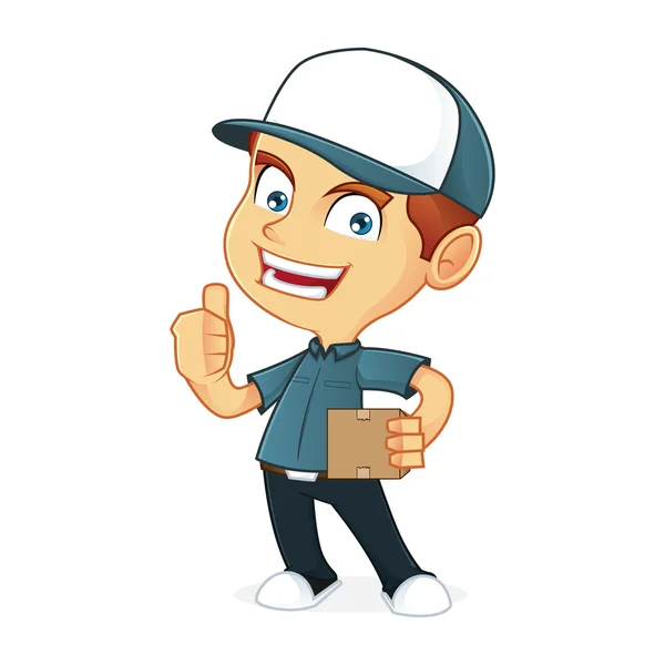 Deliveryman Holding csomagot ad hüvelykujját fel — Stock Vector