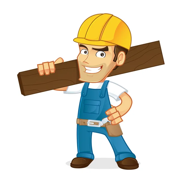 Handyman holding hammer and wood plank — Stock Vector