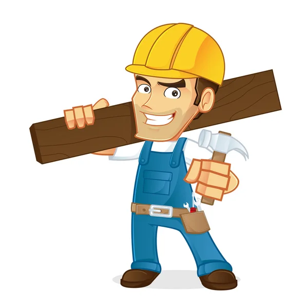 Handyman holding hammer and wood plank — Stock Vector