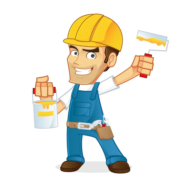 Handyman holding paint and paint roller — Stock Vector
