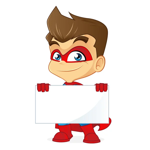 Superhéroe sosteniendo el signo en blanco y sonriendo — Vector de stock