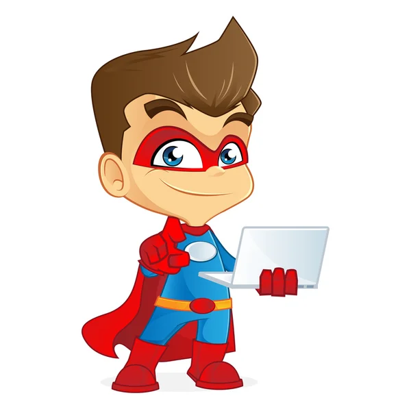 Superhero holding laptop and smiling — Stock Vector