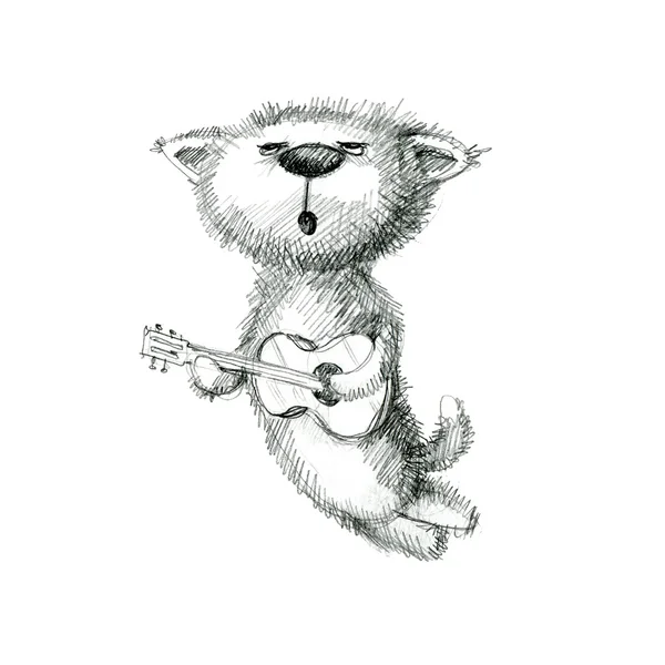 Chat planant jouant de la guitare. Illustration de dessin à la main . — Photo