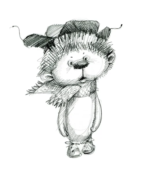 Ouriço em um gorro com abas de orelha. ilustração desenho à mão . — Fotografia de Stock