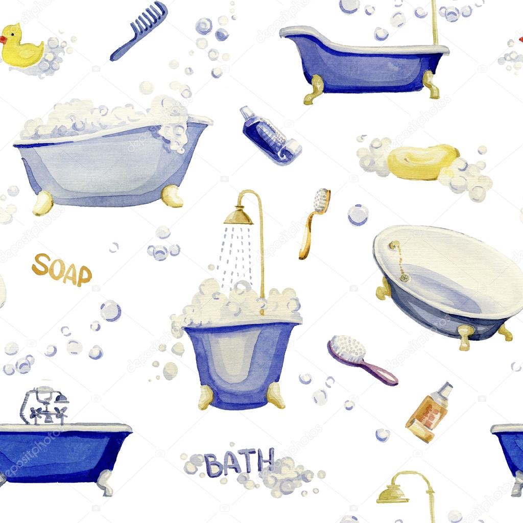 Seamless pattern of elements of an interior bathroom. Watercolor illustration.