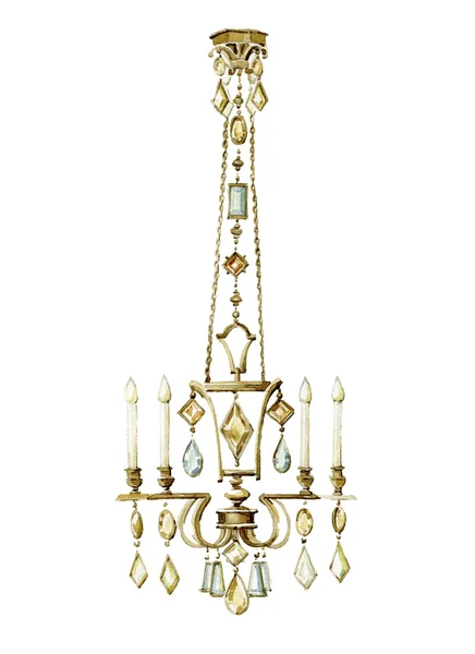 Bronzen kroonluchter met gekleurd kristal hangers. Aquarel illustratie — Stockfoto