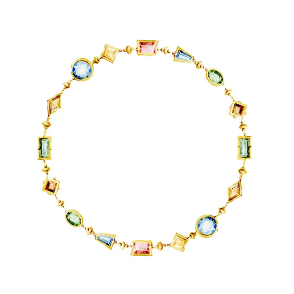 Multicolor gem jewelry frame. Watercolor illustration. Isolated on White Background — Stock Photo, Image