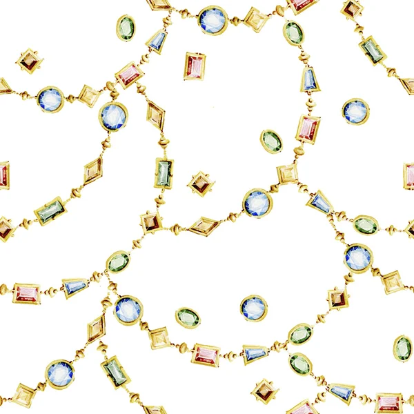 Watercolor seamless pattern of  jewelry chains and multicolor gemstones. — Stock Photo, Image