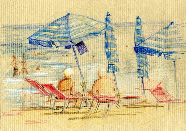 Sombrillas de verano. Escenas de la vida. Dibujos dibujados a mano a lápiz de colores —  Fotos de Stock