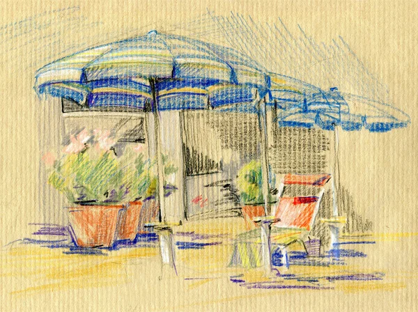 Yaz şemsiye. Hayatından sahneler. El çekilmiş renkli kalem çizimler