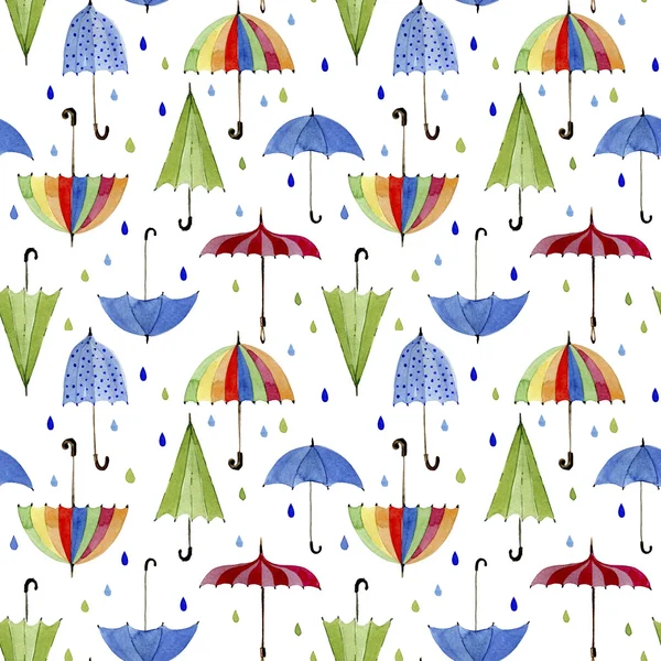 Ομπρέλες και βροχή σταγόνες σε άσπρο φόντο ακουαρέλα εικονογράφηση. — Φωτογραφία Αρχείου