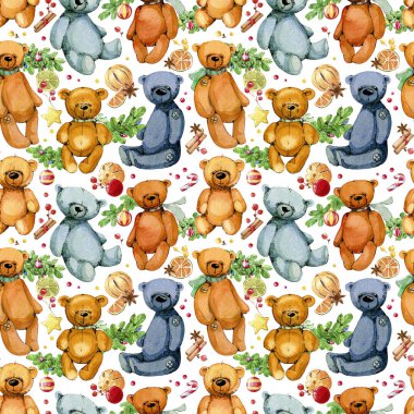 Suluboya kusursuz desen. İzole edilmiş sevimli oyuncak ayı ve Noel süsü. Klasik illüstrasyon.