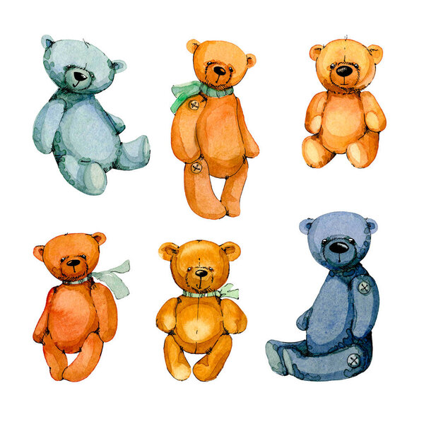 watercolor Illustration. Isolated cute teddy bear set.