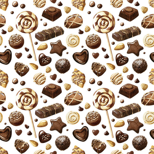 Watercolor chocolate seamless pattern. Hand drawn chocolate sweets, truffle, praline, chocolate bar, drops, candies and cake. Isolated on a white background