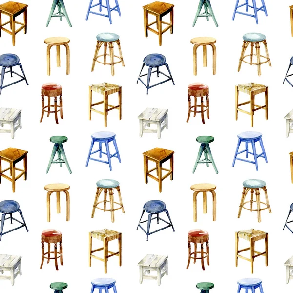 Bezešvé Akvarely Stoličky Bez Opěradla Izolované Bílém Pozadí — Stock fotografie