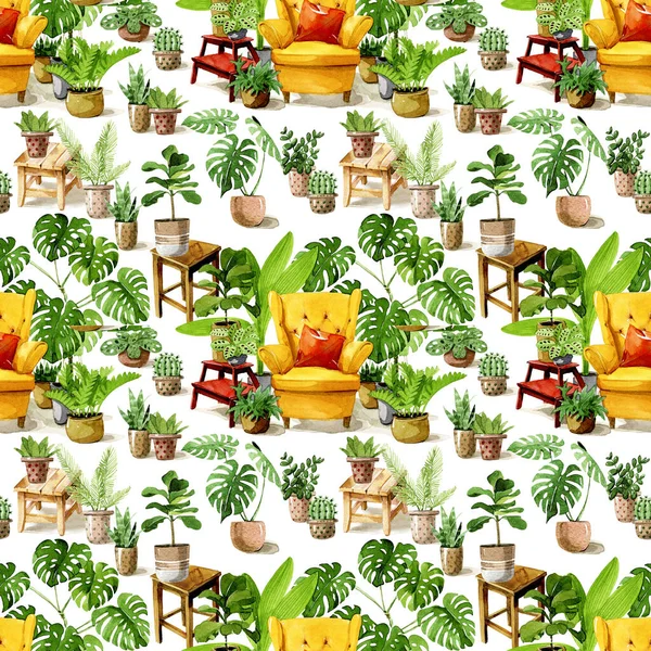 水彩画无缝图案 黄色扶手椅和家庭盆栽 白色背景隔离 — 图库照片