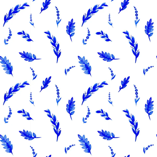 Bezešvé Akvarely Modré Rostliny Bylinky Izolované Bílém Pozadí — Stock fotografie