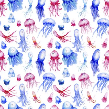 Suluboya denizanaları kusursuz desenli. Beyaz arka planda şirin mavi ve pembe denizanaları. 