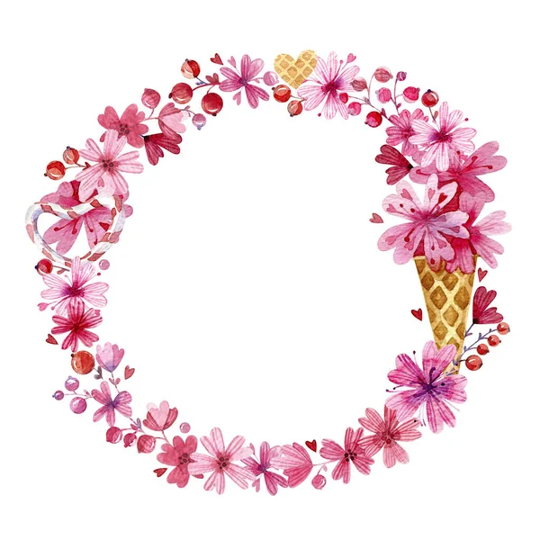 Цветочная Рамка Дню Святого Валентина Розовые Цветы Черви Вафли Изолированный — стоковое фото