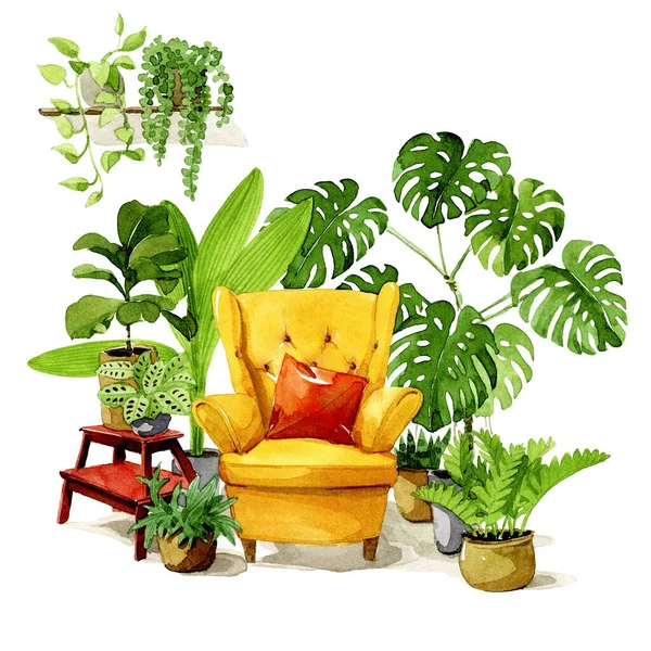 Fauteuil Jaune Confortable Entouré Plantes Intérieur Dans Des Pots Illustration — Photo