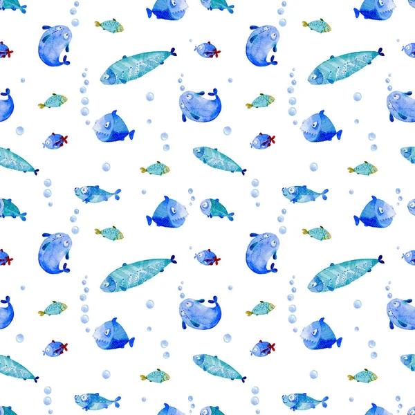 Акварель Рыбы Бесшовный Узор Симпатичный Мультфильм Голубые Рыбы Белом Фоне — стоковое фото