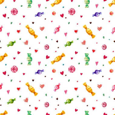 Suluboya tatlılar kusursuz desenler oluşturur. Beyaz arka planda çok renkli şeker, şeker, kalp ve noktalar. 