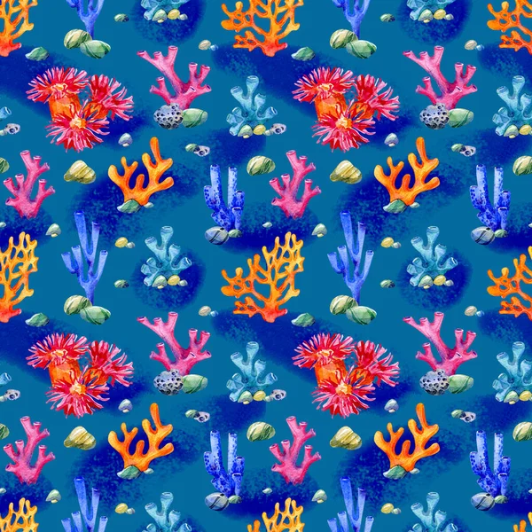 Watercolor Underwater Pattern Sea Plants Seaweed Corals Stones Dark Blue — Stock Photo, Image