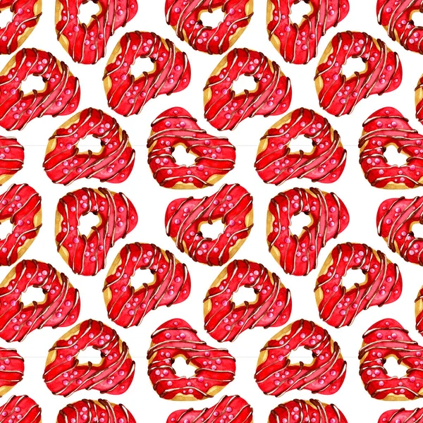 Acuarela Dulces Patrón Sin Costuras Donuts Fresa Forma Corazón Sobre — Foto de Stock