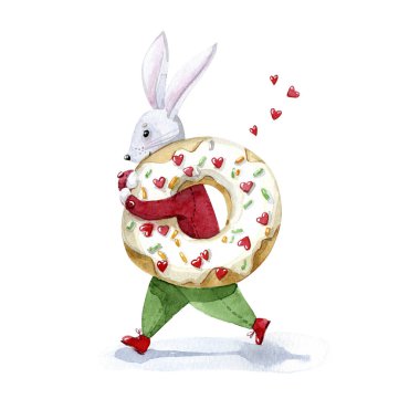 Şirin suluboya tavşanı hediye olarak taşır kalplerle süslenmiş bir donut